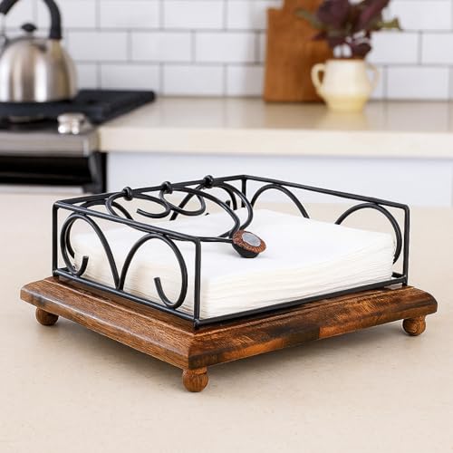 Kundi Wrought Iron Tissue Roll/Paper Towel Holder for Kitchen and Dining Table (Wooden 2 Shape) - Image 4