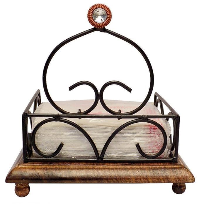 Kundi Wrought Iron Tissue Roll/Paper Towel Holder for Kitchen and Dining Table (Wooden 2 Shape) - Image 2