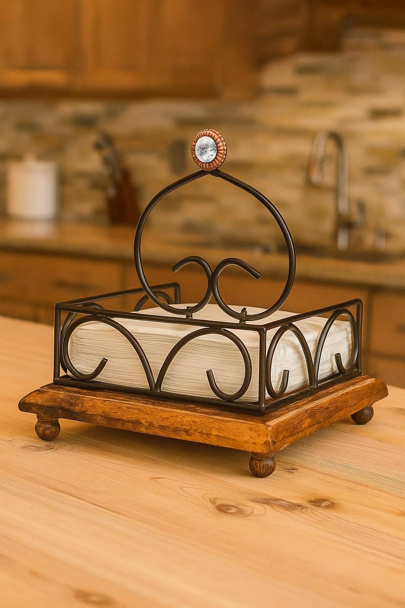 Kundi Wrought Iron Tissue Roll/Paper Towel Holder for Kitchen and Dining Table (Wooden 2 Shape) - Image 5