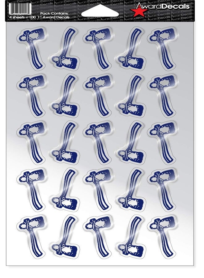مجموعة ملصقات Award Decals بتصميم فأس مقطوع (أزرق ملكي على خلفية شفافة) (100 ملصق) 1.75 بوصة. ملصقات Award Decals الأصلية الممتازة للخوذات، بسماكة 20 مل. صُنعت في الولايات المتحدة الأمريكية منذ عام 1976.