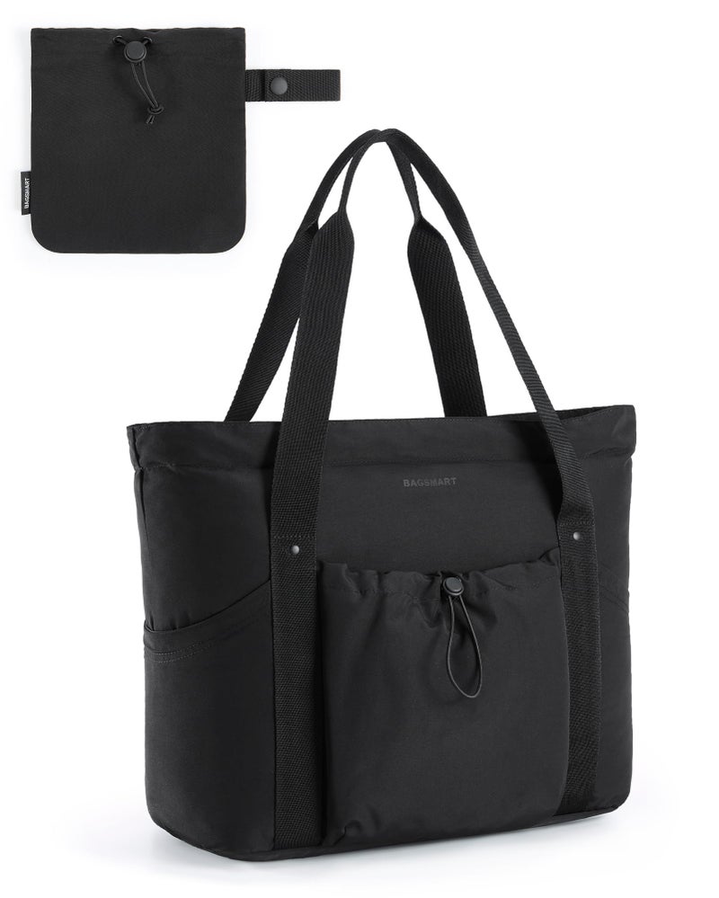 BAGSMART BAGSMART Women Foldable Tote Bag with Drawstring Storage Bag, Large Tote Bag Shoulder Bag Top Handle Handbag for Travel, Work, Beach, Gym, Shop, (Black)  - Image 1