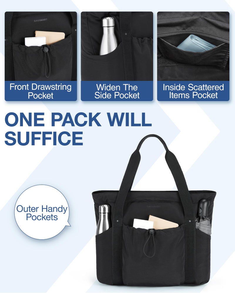 BAGSMART BAGSMART Women Foldable Tote Bag with Drawstring Storage Bag, Large Tote Bag Shoulder Bag Top Handle Handbag for Travel, Work, Beach, Gym, Shop, (Black)  - Image 2