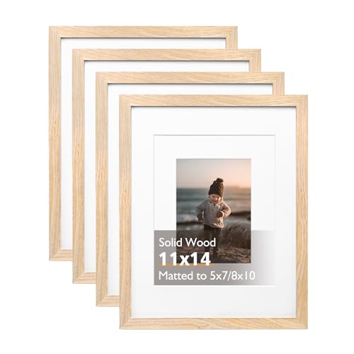 KINLINK 11x14 Picture Frame Natural, Solid Wood Frames 14x11 with Acrylic Plexiglass for Pictures 5x7/8x10 with Mat or 11x14 without Mat, Tabletop and Wall Display Photo Frame Set of 4 - Image 1