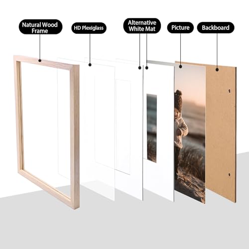 KINLINK 11x14 Picture Frame Natural, Solid Wood Frames 14x11 with Acrylic Plexiglass for Pictures 5x7/8x10 with Mat or 11x14 without Mat, Tabletop and Wall Display Photo Frame Set of 4 - Image 3