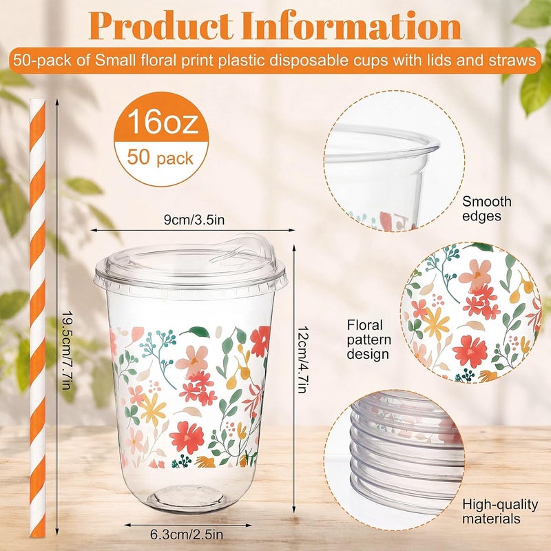 LemonRoad 50 Sets Retro Floral Clear Plastic Cups with Lids & Straws 16 oz Party Tumblers for Iced Coffee, Smoothies, Juice & More Cute Disposable Pet Mugs for Birthdays & Gatherings - Image 2
