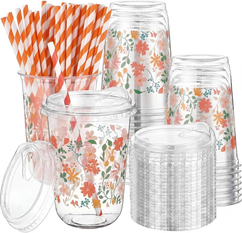 LemonRoad 50 Sets Retro Floral Clear Plastic Cups with Lids & Straws 16 oz Party Tumblers for Iced Coffee, Smoothies, Juice & More Cute Disposable Pet Mugs for Birthdays & Gatherings - Image 1