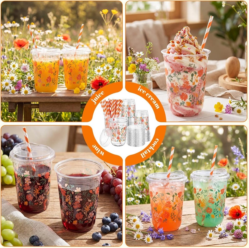 LemonRoad 50 Sets Retro Floral Clear Plastic Cups with Lids & Straws 16 oz Party Tumblers for Iced Coffee, Smoothies, Juice & More Cute Disposable Pet Mugs for Birthdays & Gatherings - Image 5