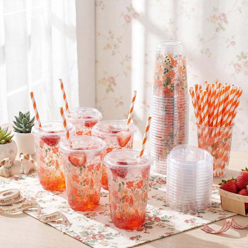 LemonRoad 50 Sets Retro Floral Clear Plastic Cups with Lids & Straws 16 oz Party Tumblers for Iced Coffee, Smoothies, Juice & More Cute Disposable Pet Mugs for Birthdays & Gatherings - Image 3