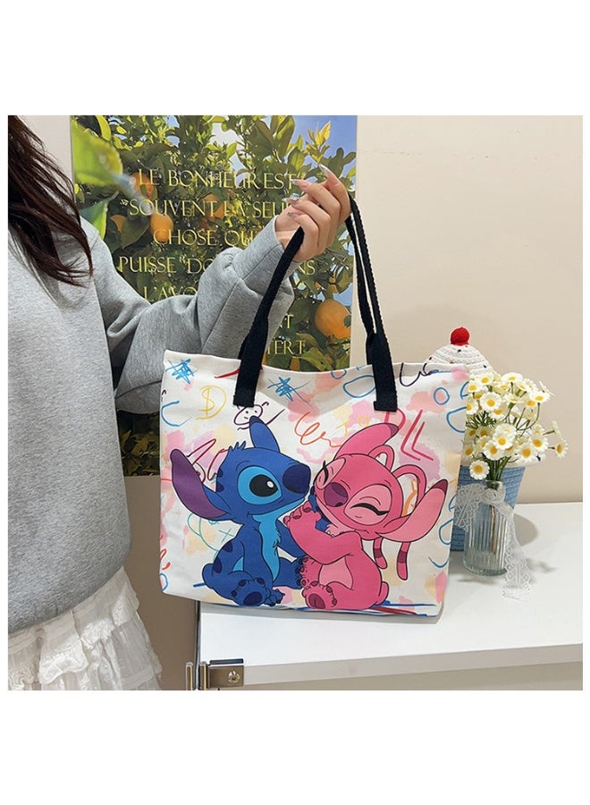 STITCH Big canvas bag, artistic fresh style, single shoulder tote bag, large capacity student cloth bag one-sided print - Image 1