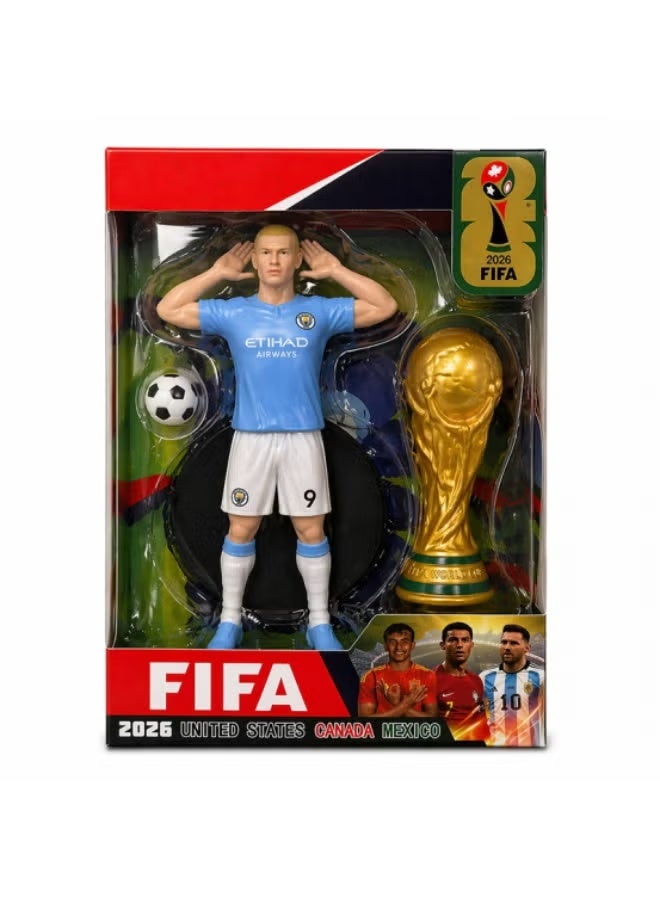 Erling Haaland Manchester City Football Player Action Figure with World Cup Trophy and Ball, FIFA 2026 Collectible Set