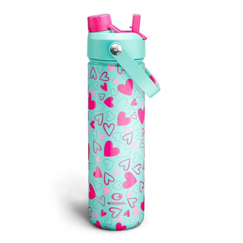 ENCOOL Valentine's Day Insulated Water Bottle with Straw Stainless Steel Water Bottle, Leak-Proof, BPA-Free, Keeps Cold for 24 Hours for Sports, Travel, School (26 oz, Sweet Hearts Pink x Mint) - Image 1
