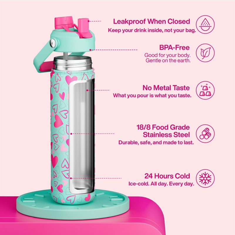 ENCOOL Valentine's Day Insulated Water Bottle with Straw Stainless Steel Water Bottle, Leak-Proof, BPA-Free, Keeps Cold for 24 Hours for Sports, Travel, School (26 oz, Sweet Hearts Pink x Mint) - Image 2