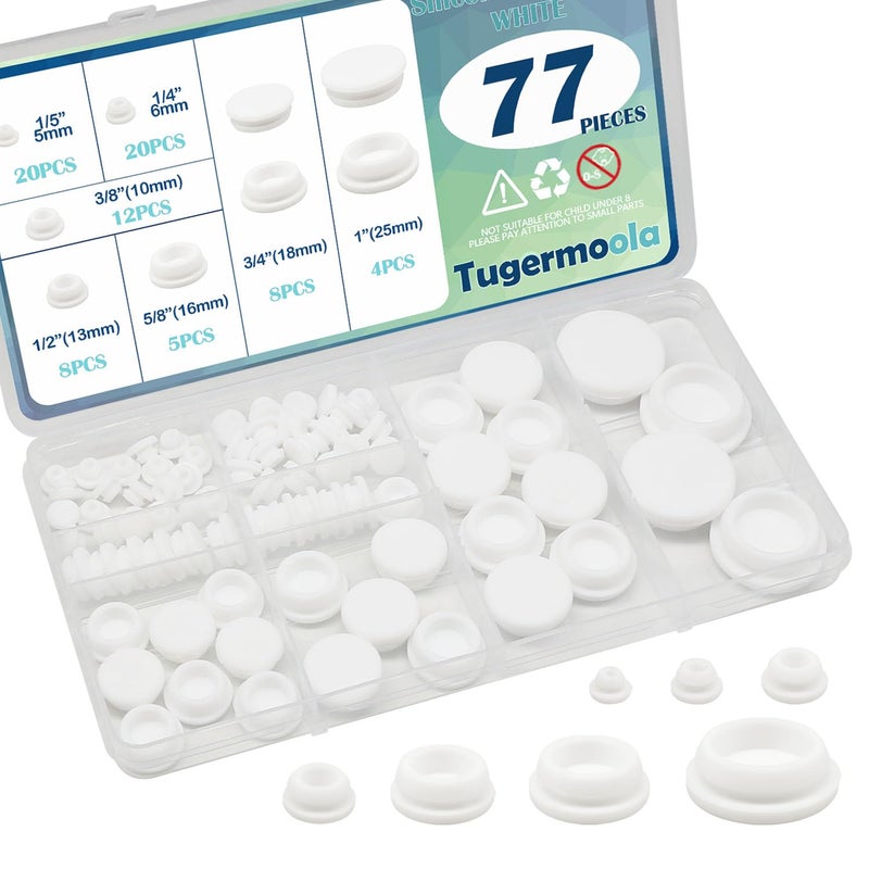 Tugermoola 77PCS 7 Sizes Silicone Plug Rubber Plugs for Holes Assorted Sizes 1/5" 1/4" 3/8" 1/2" 5/8" 3/4" 1" Hole Plug White - Image 1