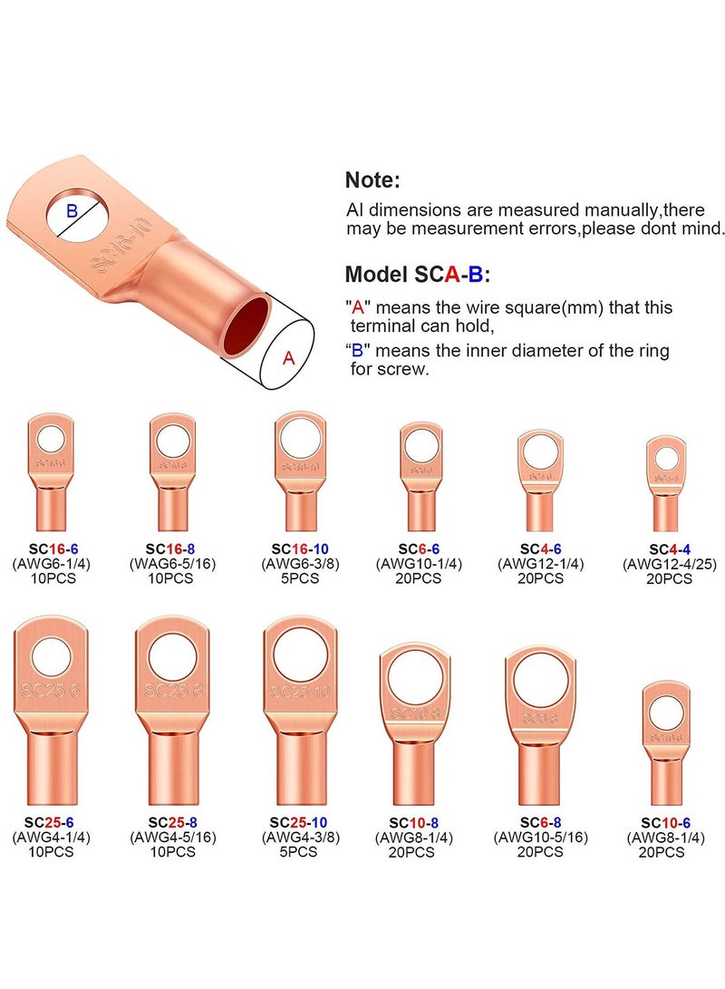 170 Pieces Copper Battery Cable Ends 12 Sizes Battery Wire Lugs Eyelets Tubular Ring Terminal Connectors Sc Terminals for Automotive Supplies Awg4, Awg6, Awg8, Awg10, Awg12 (metal Color) - Image 2
