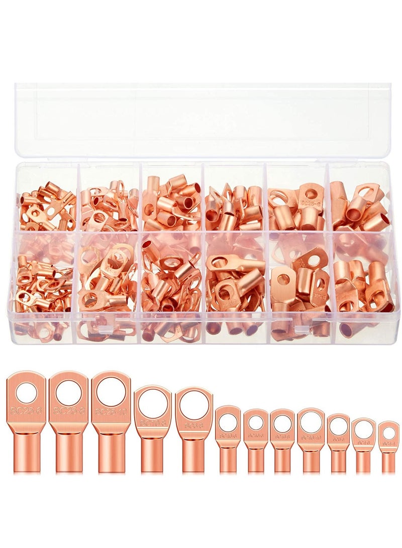 170 Pieces Copper Battery Cable Ends 12 Sizes Battery Wire Lugs Eyelets Tubular Ring Terminal Connectors Sc Terminals for Automotive Supplies Awg4, Awg6, Awg8, Awg10, Awg12 (metal Color) - Image 1