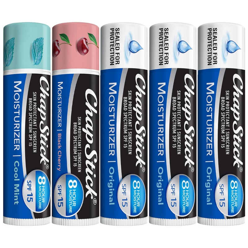 ChapStick Lip Balm Moisturizer 2in1 Lipcare SPF 15 Bundle  Original Black Cherry and Cool Mint 015 Oz Ea 5 Piece Set