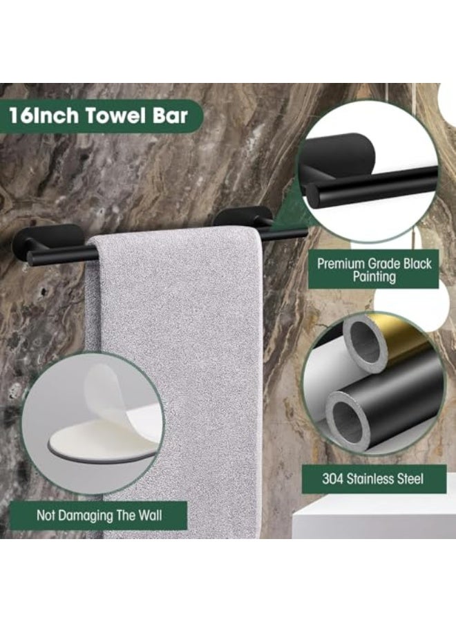 YelaJoy 4-Pieces Matte Black Bathroom Hardware Set, Self-Adhesive Bathroom Accessories, Stainless Steel Towel Holder Set Including 16in Towel Bar, Adhesive Toilet Paper Holder, Towel Ring,Hooks  - Image 2