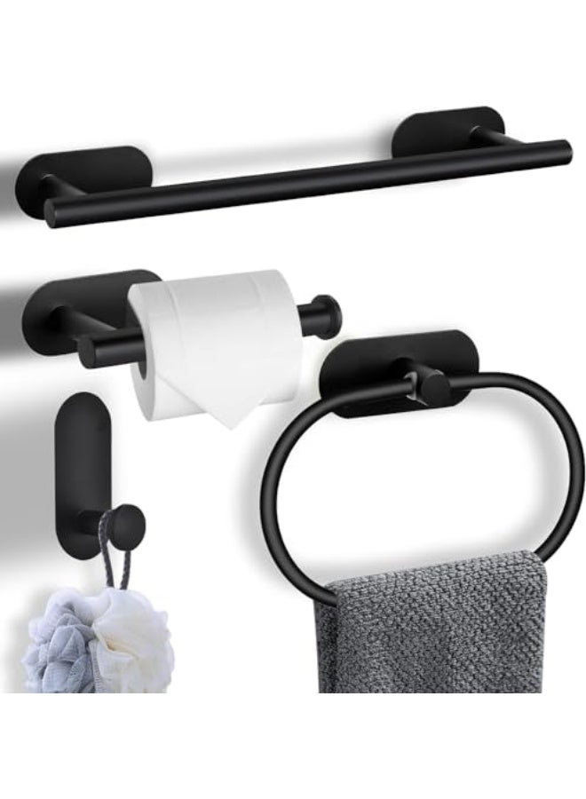 YelaJoy 4-Pieces Matte Black Bathroom Hardware Set, Self-Adhesive Bathroom Accessories, Stainless Steel Towel Holder Set Including 16in Towel Bar, Adhesive Toilet Paper Holder, Towel Ring,Hooks  - Image 1