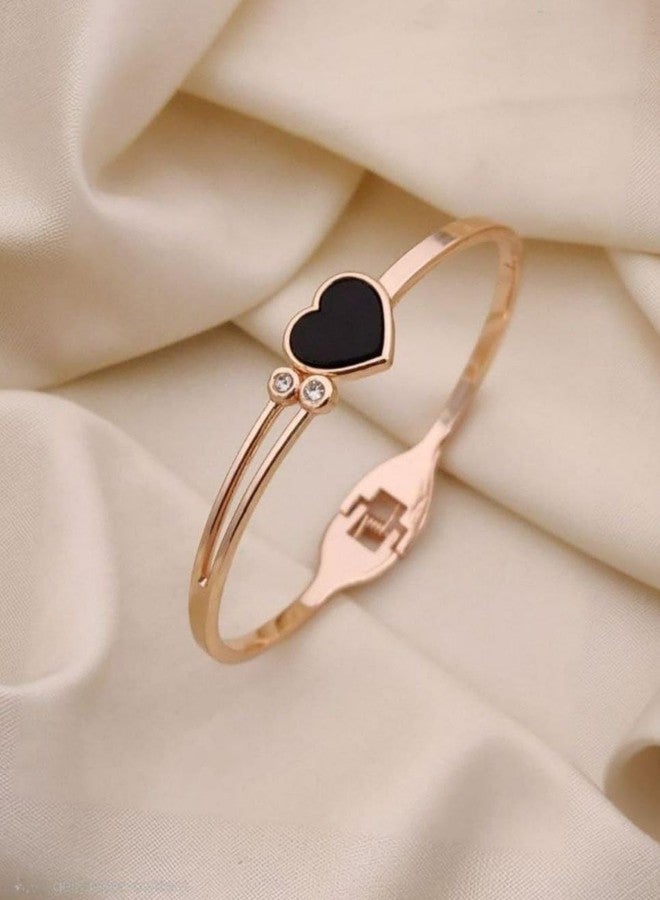 UMADEV Golden Adjustable/Openable Love Black Heart Stone Bracelet For Women, Stylish Diamond Nug Crystal Black Gemstone Heart Shape Kada Bangle Wrist Band Gift Jewellery For Women's And Girl's - Image 1