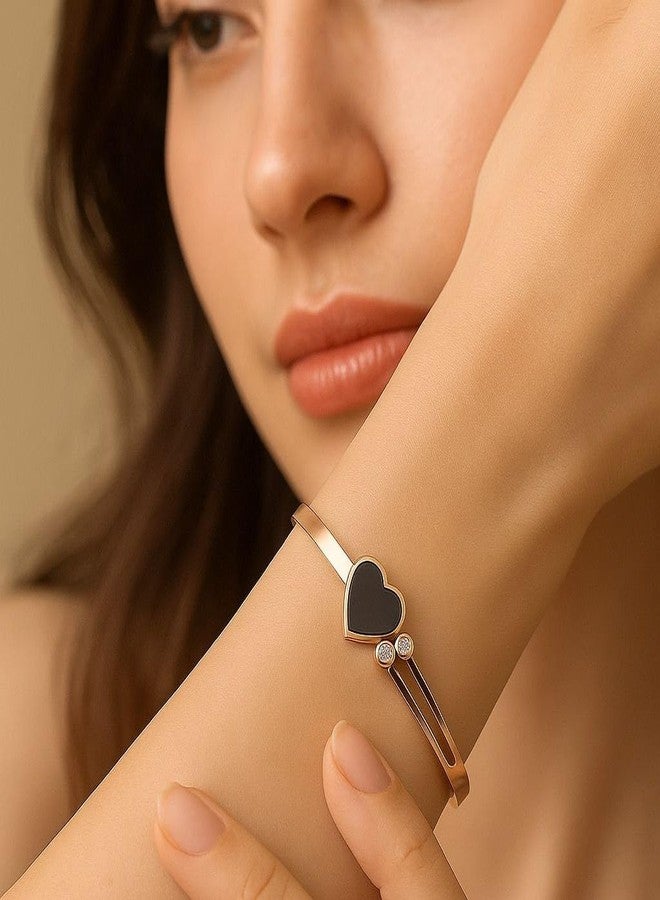 UMADEV Golden Adjustable/Openable Love Black Heart Stone Bracelet For Women, Stylish Diamond Nug Crystal Black Gemstone Heart Shape Kada Bangle Wrist Band Gift Jewellery For Women's And Girl's - Image 2