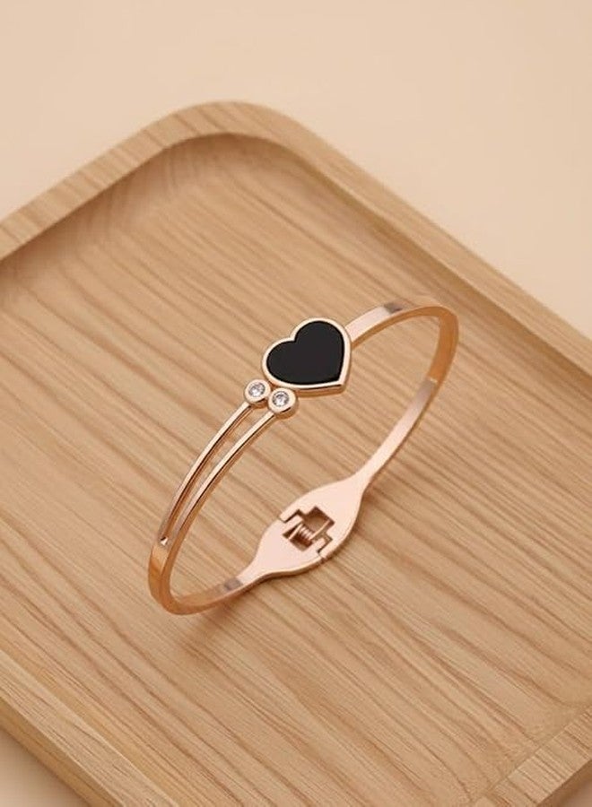 UMADEV Golden Adjustable/Openable Love Black Heart Stone Bracelet For Women, Stylish Diamond Nug Crystal Black Gemstone Heart Shape Kada Bangle Wrist Band Gift Jewellery For Women's And Girl's - Image 3