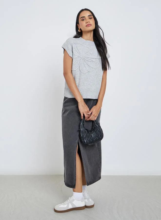 Styli Styli Grey Knit Vest Top with Floral Detail