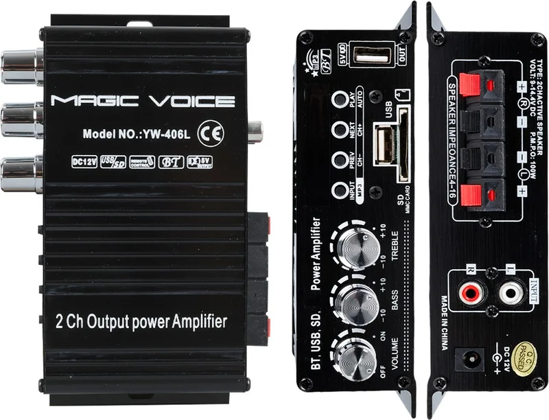 إيه واي تي Magicvoice YW-406L 12 Volt 100 Watt Motorcycle Bluetooth Amplifier USB SD Card 2 Channel Marketer Amplifier 154X80X42MM