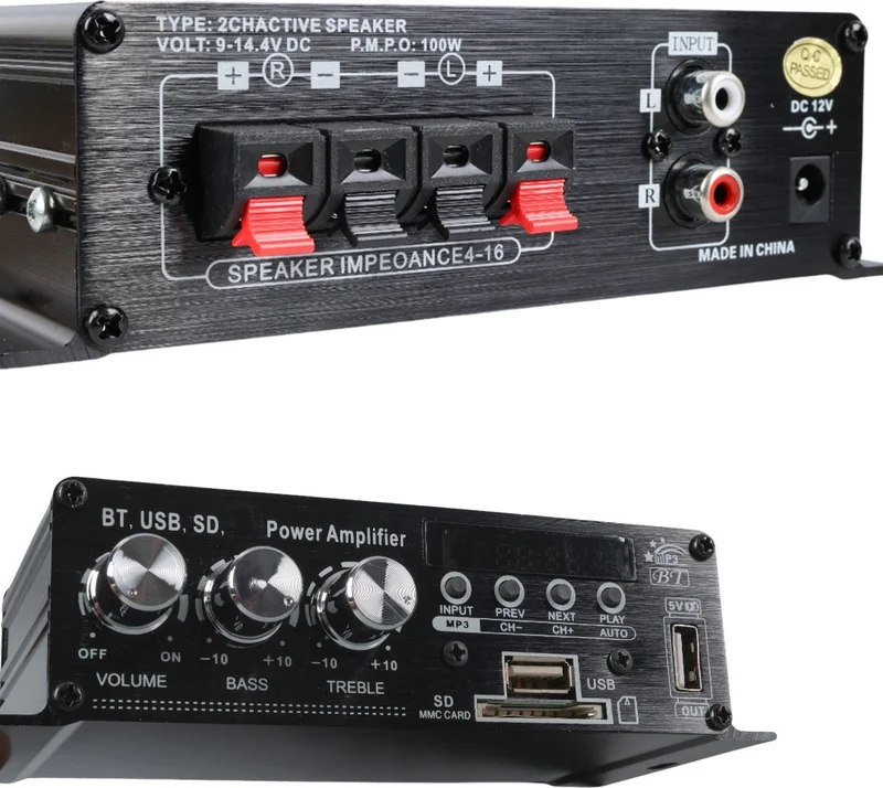 إيه واي تي Magicvoice YW-406L 12 Volt 100 Watt Motorcycle Bluetooth Amplifier USB SD Card 2 Channel Marketer Amplifier 154X80X42MM
