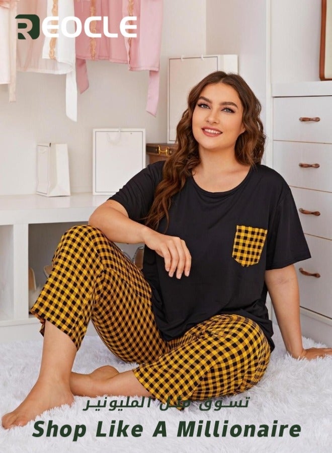 REOCLE Women’s 2 Pack Pajama Set Super Soft Short Sleeve Top with Capri Pants Loungewear Sleepwear Pajamas - Image 3