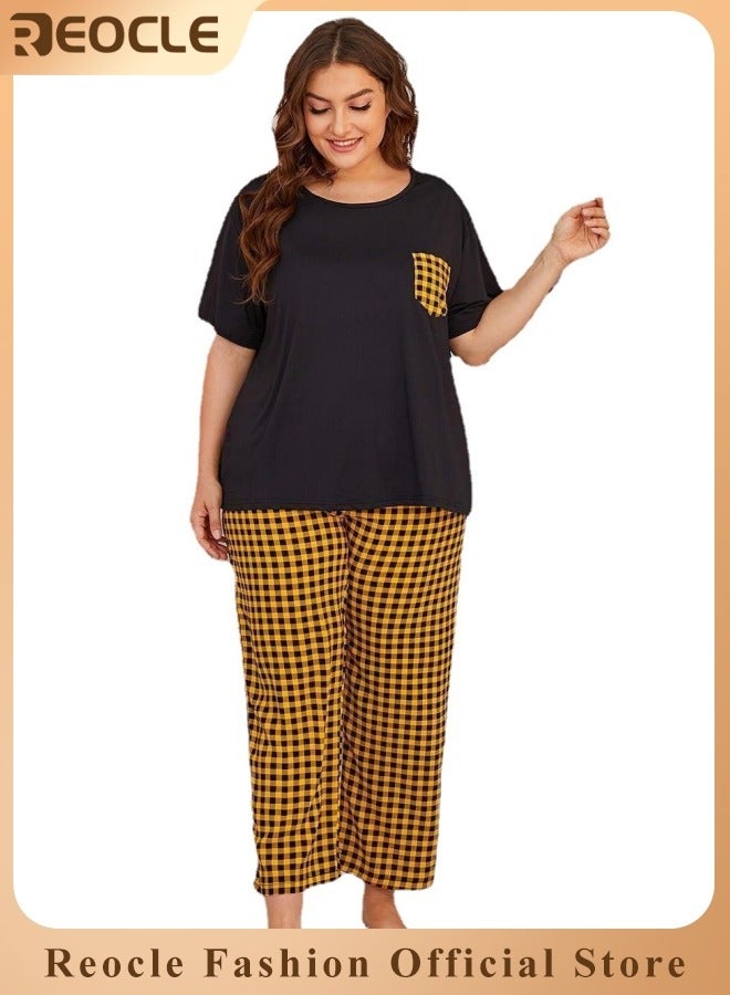 REOCLE Women’s 2 Pack Pajama Set Super Soft Short Sleeve Top with Capri Pants Loungewear Sleepwear Pajamas - Image 1