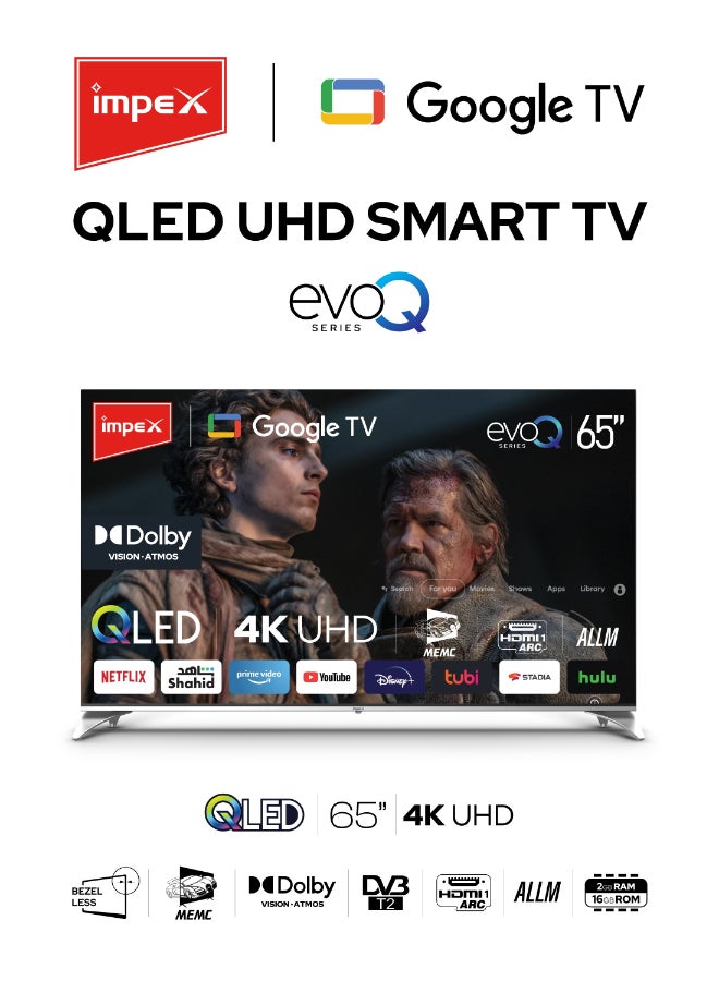 Impex 65 Inch QLED Google TV, 4K Ultra HD Smart TV, 120Hz DLG, Dolby Vision & Atmos, Voice Remote, Google Assistant, HDMI eARC, ALLM Gaming, WiFi Bluetooth, DVB-T2, Wall Mount, 2 Year Warranty - evoQ 65S4QLC2R120 Evoq65QLC Black - Image 1