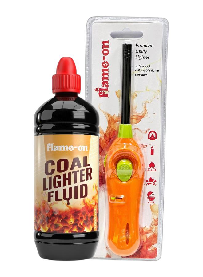 Flame-on Charcoal Lighter Fluid 1000ml & flame-on Premium Utility Lighter for Kitchen, Charcoal, Barbeque BBQ, Incense, Bakhoor, Butane Stove and more (Single Pack)Bundle - Image 1
