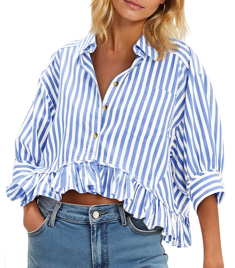 Cicy Bell Womens Cropped Striped Button Down Shirts Ruffle 3/4 Length Sleeve Summer Tops Dressy Casual Blouses Blue - Image 1