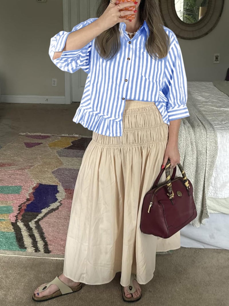 Cicy Bell Womens Cropped Striped Button Down Shirts Ruffle 3/4 Length Sleeve Summer Tops Dressy Casual Blouses Blue - Image 3