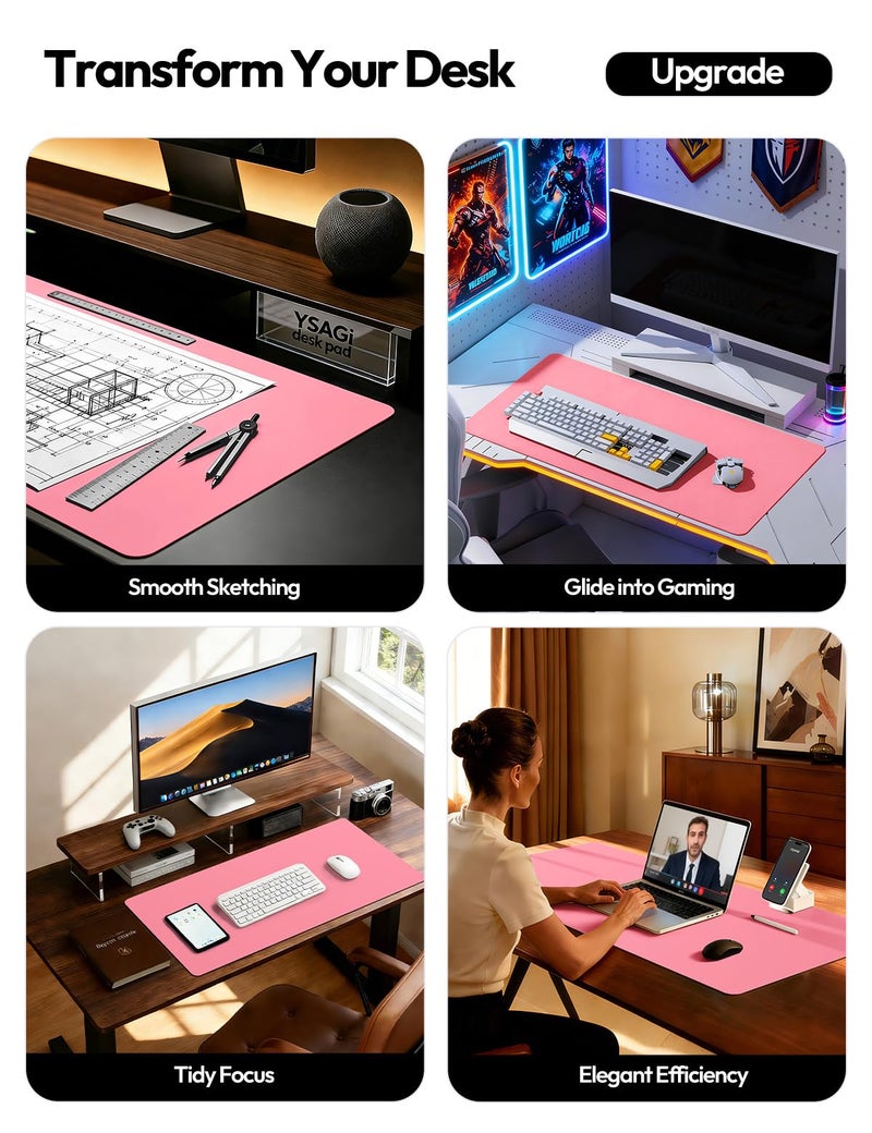 YSAGi Leather Desk Pad Protector, Large Mouse Pad, Non-Slip PU Leather Desk Blotter, Laptop Desk Pad/Mat, Waterproof Writing Pad for Office and Home (23.6" x 13.8", Pink) - Image 2