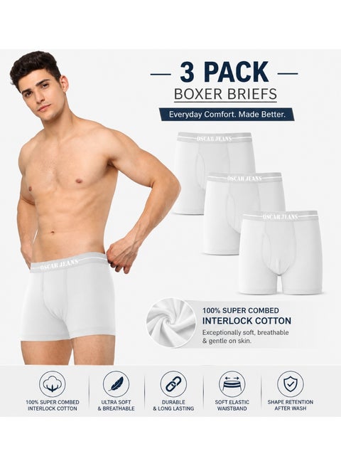 3-Pack 100% Cotton Mens Underwear Boxer Briefs Double-Knit Organic Ultrasoft Breathable Antibacterial