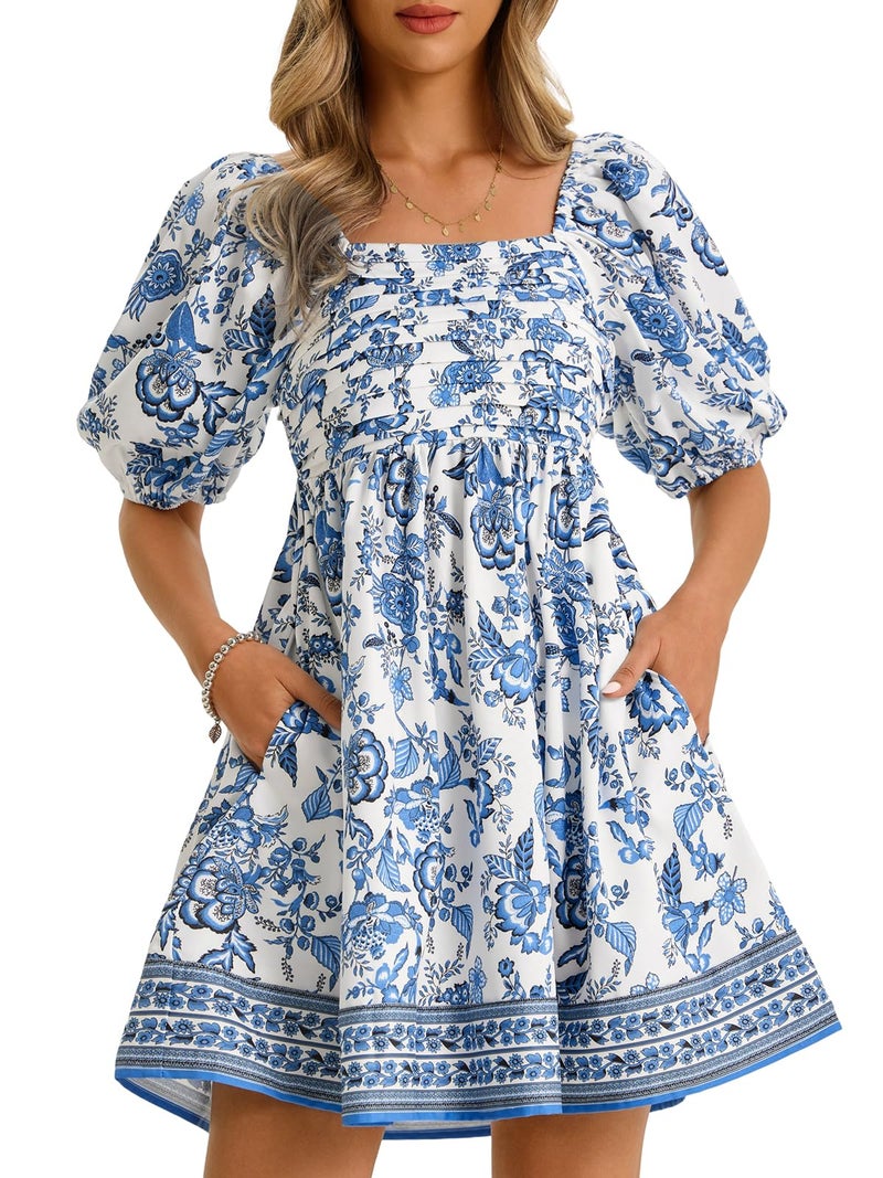 Wenrine Womens Summer Square Neck Mini Dresses Casual Floral Puff Short Sleeve Smocked High Waisted A-Line Babydoll Dress Blue - Image 1