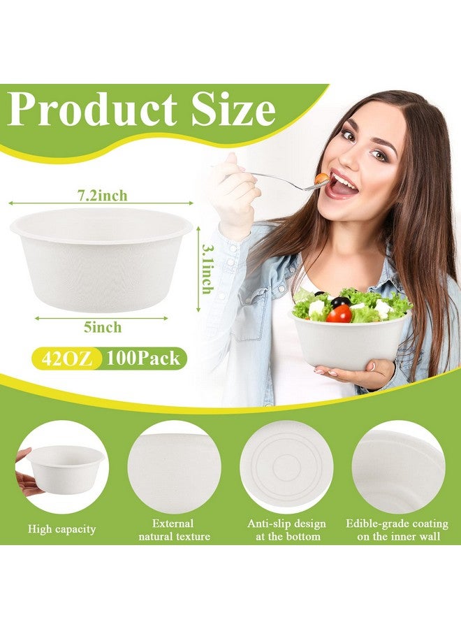 Tessco 100 Pack Large Disposable Salad Bowls 32/40 Oz Deep Heavy Duty Paper Bowls Sugarcane Fiber Compostable Biodegradable Microwave Safe for Hot Cold Soup Ramen Popcorn Pasta(White Color,40 Oz) - Image 2
