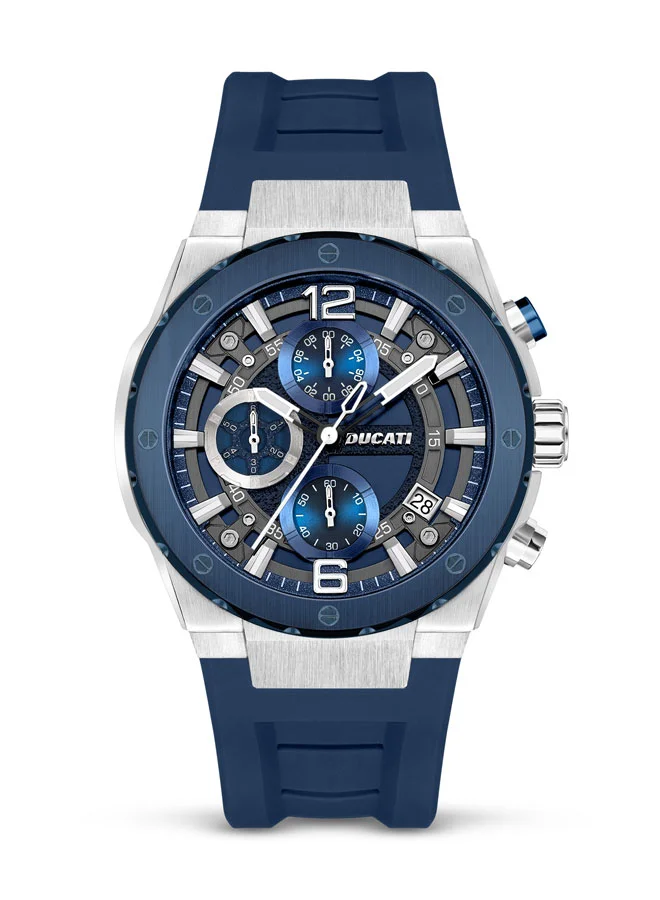 دوكاتي Ducati Chronograph Watch for Men with 43.5mm Case, Blue Partial See-Through Dial, Silicone Strap, Water Resistant, Rugged Design