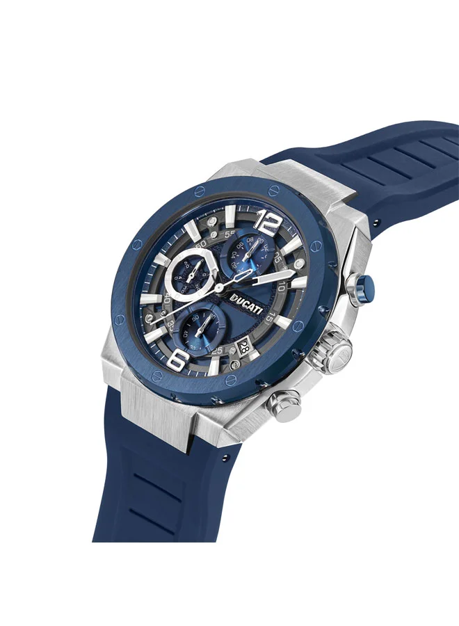 دوكاتي Ducati Chronograph Watch for Men with 43.5mm Case, Blue Partial See-Through Dial, Silicone Strap, Water Resistant, Rugged Design