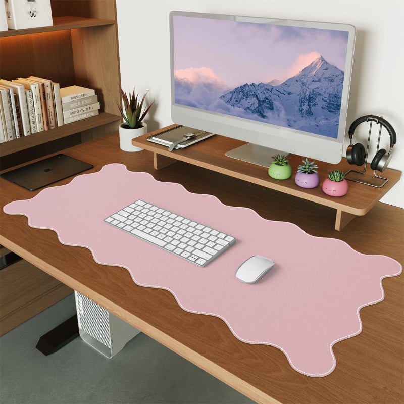 iCasso Leather Desk Pad Pink,Extra Large Mouse Pad for Desktop,Waterproof PU Nail Table Mat,Cute Scalloped Keyboard Mats for Women Girl,Non-Slip Desk Cover Mat for Office Home Dorm - Image 1