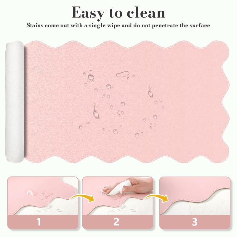 iCasso Leather Desk Pad Pink,Extra Large Mouse Pad for Desktop,Waterproof PU Nail Table Mat,Cute Scalloped Keyboard Mats for Women Girl,Non-Slip Desk Cover Mat for Office Home Dorm - Image 4