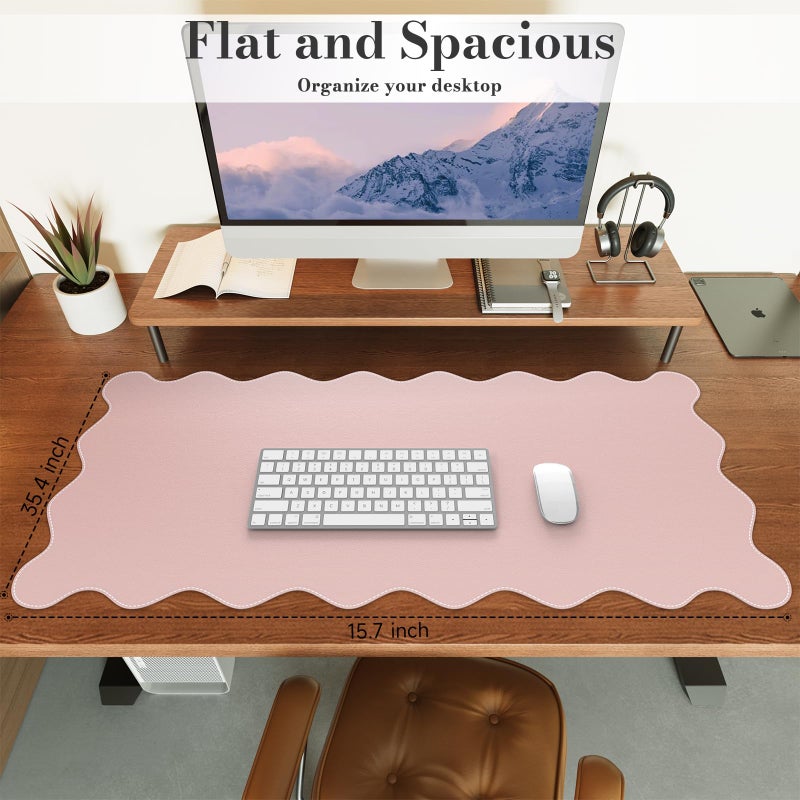 iCasso Leather Desk Pad Pink,Extra Large Mouse Pad for Desktop,Waterproof PU Nail Table Mat,Cute Scalloped Keyboard Mats for Women Girl,Non-Slip Desk Cover Mat for Office Home Dorm - Image 3