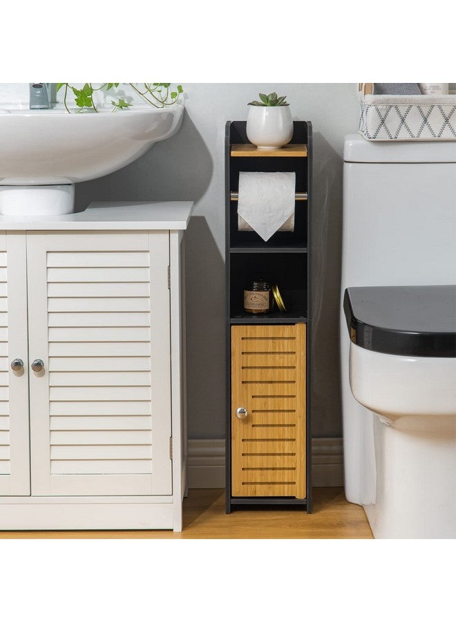 AOJEZOR AOJEZOR Toilet Paper Holder Stand: Small Bathroom Storage Cabinet - Black - Bamboo  - Image 5