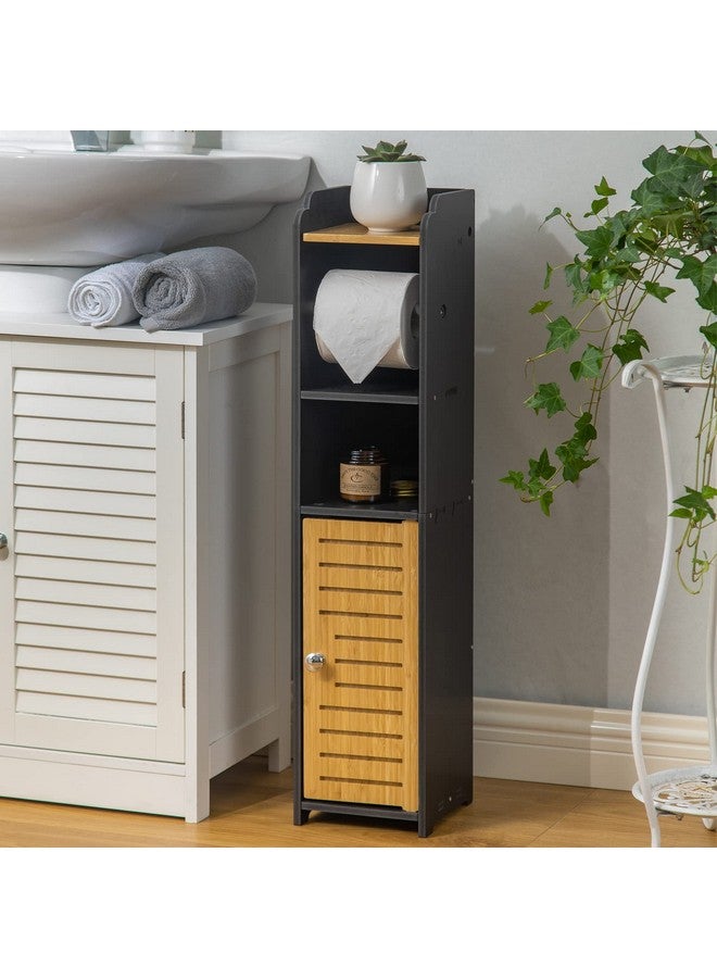 AOJEZOR AOJEZOR Toilet Paper Holder Stand: Small Bathroom Storage Cabinet - Black - Bamboo  - Image 2