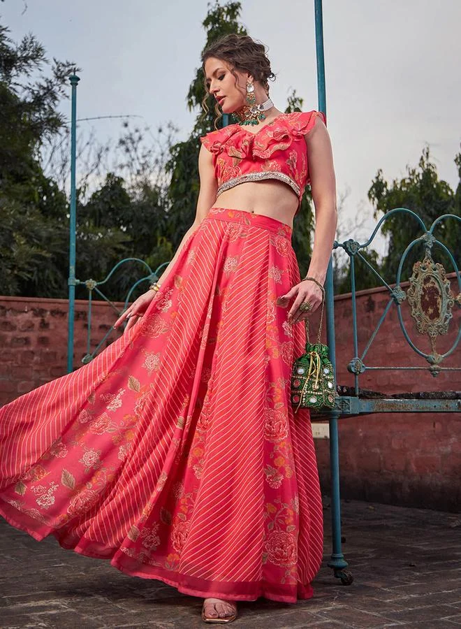 Sassafras Pink Floral Frill Neck Crop Top and Anarkali Skirt Co-Ords