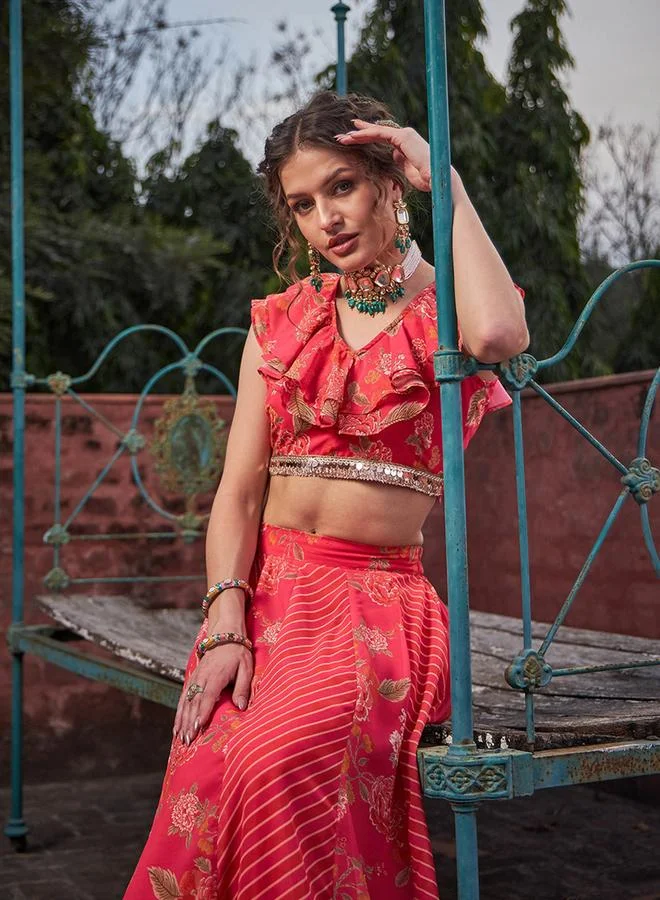 Sassafras Pink Floral Frill Neck Crop Top and Anarkali Skirt Co-Ords