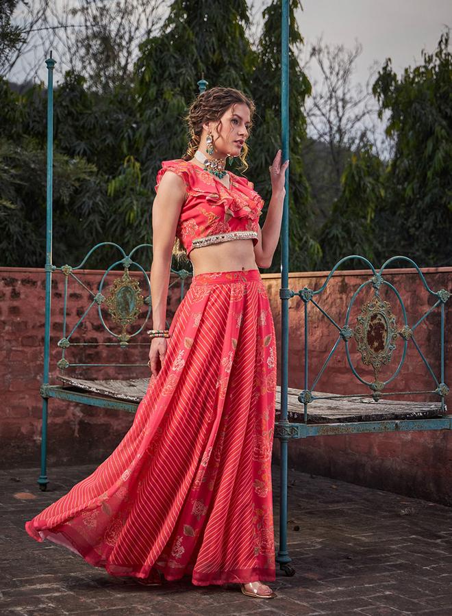 SASSAFRAS Pink Floral Frill Neck Crop Top and Anarkali Skirt Co-Ords - Image 3