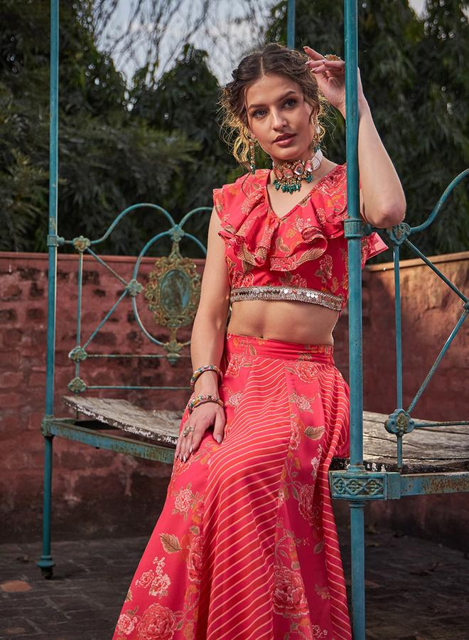 SASSAFRAS Pink Floral Frill Neck Crop Top and Anarkali Skirt Co-Ords - Image 4