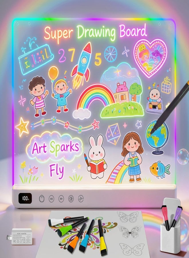 EKSPRINT 16" Rechargeable Led Drawing Board for Kids with 13 Light Effect, Glow Doodle Acrylic Dry Erase Board-Built-in Stand, Light Up Drawing Board for Kids, Gifts for Girls/Teen, 7 Markers - Image 1